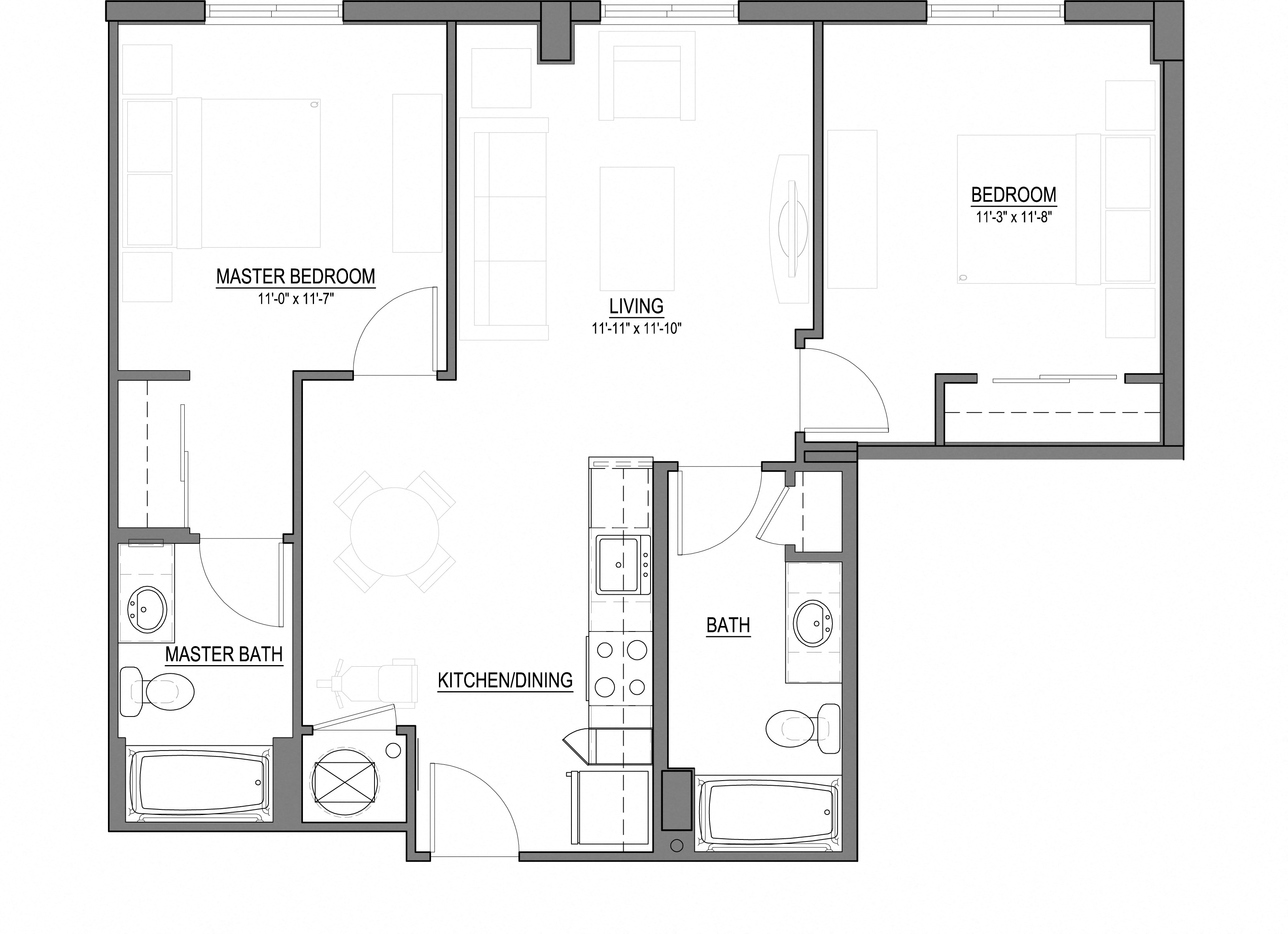 Floor plan for 2 beds, 2 baths, 897 sqft